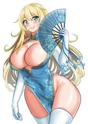 Rule 34 | 1girl, absurdres, aqua dress, atago (kancolle), blonde hair, breasts, china dress, chinese clothes, cleavage, cleavage cutout, clothing cutout, commentary, cowboy shot, dated, dress, elbow gloves, english commentary, folding fan, gloves, green eyes, hand fan, highres, holding, holding fan, kantai collection, katou shinobu, large breasts, long hair, one-hour drawing challenge, simple background, solo, thighhighs, twitter username, underwear, w, white background, white gloves, white thighhighs
