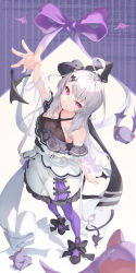 Rule 34 | 1girl, absurdres, ahoge, arm up, bare shoulders, bat (animal), black footwear, black ribbon, breasts, closed mouth, colored inner hair, demon tail, detached wings, dress, fang, fang out, from above, full body, grey hair, hair ribbon, highres, long hair, mishuo (misuo69421), multicolored hair, original, pantyhose, purple eyes, purple hair, purple pantyhose, purple ribbon, ribbon, skin fang, solo, standing, tail, thick eyebrows, very long hair, white dress, wings