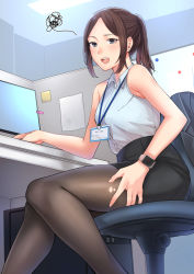 Rule 34 | 1girl, black pantyhose, breasts, brown hair, chair, cubicle, desk, grey eyes, id card, kyuuso inukami, long hair, monitor, name tag, office chair, office lady, open mouth, original, pantyhose, pencil skirt, ponytail, sitting, skirt, sleeveless, solo, swivel chair, teeth, torn clothes, torn pantyhose