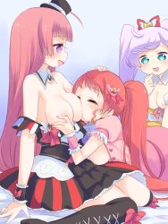 Rule 34 | 3girls, ahoge, blush, bow, grabbing another&#039;s breast, breast sucking, breasts, breasts out, clothes pull, detached collar, dress, dress pull, grabbing, gradient background, green eyes, hair bow, hand on another&#039;s head, hat, highres, hojo sophy, large breasts, light purple hair, long hair, manaka laala, medium breasts, mini hat, mini top hat, multiple girls, nipples, open mouth, over-kneehighs, pink eyes, ponytail, pretty series, pripara, red hair, shiratama mikan, sitting, smile, takano natsuki, thighhighs, top hat, twintails, wariza, wrist cuffs, yuri