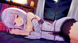 Rule 34 | 1girl, :d, bed sheet, bedroom, black skirt, breasts, choker, cleavage, detached sleeves, highres, indoors, long hair, long sleeves, looking at viewer, lying, medium breasts, miniskirt, night, on bed, on side, open mouth, red eyes, shadowverse, shiny skin, silver hair, skirt, smile, solo, strapless, white sleeves, yamato (muchuu paradigm)
