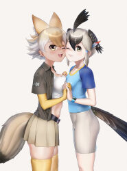 Rule 34 | 2girls, animal ears, beleven, bike shorts, bird girl, bird tail, bird wings, blonde hair, blue shirt, cheek-to-cheek, cowboy shot, coyote (kemono friends), elbow gloves, extra ears, gloves, greater roadrunner (kemono friends), green eyes, grey hair, grey jacket, grey shorts, grey skirt, hair between eyes, head wings, heads together, highres, holding hands, jacket, kemono friends, kemono friends 3, midriff, multicolored hair, multiple girls, navel, one eye closed, open clothes, open jacket, pleated skirt, shirt, short hair, short sleeves, shorts, sidelocks, skirt, t-shirt, tail, thighhighs, two-tone shirt, white hair, wings, wolf ears, wolf girl, wolf tail, yellow eyes, yellow gloves, yellow thighhighs, zettai ryouiki