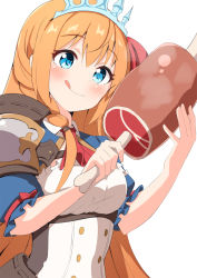 Rule 34 | 1girl, ame., blue eyes, blush, boned meat, breasts, brown hair, closed mouth, commentary request, food, hair between eyes, hands up, highres, holding, holding food, licking lips, long hair, meat, medium breasts, pecorine (princess connect!), princess connect!, puffy short sleeves, puffy sleeves, shirt, short sleeves, simple background, smile, solo, tiara, tongue, tongue out, very long hair, white background, white shirt