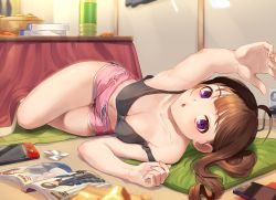 Rule 34 | 1girl, :o, ahoge, armpits, bare shoulders, black tank top, blunt bangs, book, breasts, brown hair, casual, cleavage, collarbone, crop top, dolphin shorts, downblouse, drill hair, drill ponytail, idolmaster, idolmaster million live!, idolmaster million live! theater days, indoors, kamille (vcx68), kotatsu, looking at viewer, lying, medium breasts, midriff, navel, on side, open book, pink shorts, purple eyes, pursed lips, reaching, reaching towards viewer, short shorts, shorts, side ponytail, solo, table, tank top, tatami, thighs, under kotatsu, under table, upside-down, yokoyama nao