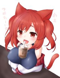 Rule 34 | 1girl, absurdres, animal ears, arms on table, arms under breasts, azur lane, bare shoulders, blue one-piece swimsuit, blush, breast rest, breasts, breasts apart, bubble tea, bubble tea challenge, cat ears, cat tail, collarbone, condensation, covered erect nipples, cup, disposable cup, drinking straw, fang, hair between eyes, highres, i-19 (azur lane), jacket, kinomiki nobori, large breasts, medium hair, object on breast, off shoulder, one-piece swimsuit, open mouth, oppai loli, red eyes, red hair, school swimsuit, sidelocks, simple background, skin fang, sleeves past fingers, sleeves past wrists, smile, solo, swimsuit, table, tail, translated, twintails, white background