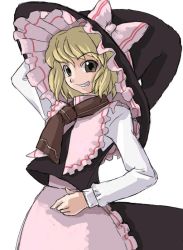 Rule 34 | 1girl, alice margatroid, alternate hairstyle, apron, arm behind head, blonde hair, bow, fang, female focus, frills, grin, hat, hirosato, kirisame marisa, long sleeves, looking at viewer, perfect cherry blossom, ribbon, scarf, short hair, simple background, smile, solo, touhou, white background, witch hat, yellow eyes