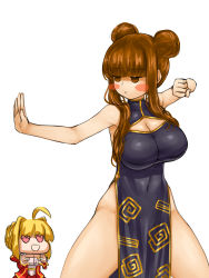 Rule 34 | 2girls, ahoge, bare shoulders, black dress, blonde hair, blush, braid, breasts, brown hair, chibi, chibi inset, china dress, chinese clothes, cleavage, cleavage cutout, clothing cutout, covered navel, dress, embarrassed, empty eyes, fate/extra, fate (series), gold trim, hair bun, hair intakes, heart, heart-shaped pupils, highres, kishinami hakuno (female), large breasts, loincloth, long hair, martial arts, multiple girls, nero claudius (fate), nero claudius (fate) (all), nero claudius (fate/extra), open mouth, red dress, single hair bun, skindentation, smile, steamingtofu, symbol-shaped pupils, thighs, tight clothes, tight dress, white background, x mouth