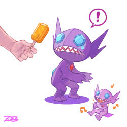 Rule 34 | !, 1other, blue eyes, commentary, creatures (company), eating, fingernails, food, game freak, gen 3 pokemon, holding, looking up, musical note, nintendo, open mouth, oyasuminjyutsu, pokemon, pokemon (creature), popsicle, sableye, sharp teeth, sitting, spoken exclamation mark, standing, tearing up, teeth, white background