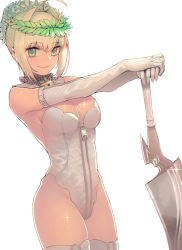 Rule 34 | 10s, 1girl, aestus estus, ahoge, bare shoulders, blonde hair, breasts, cleavage, closed mouth, elbow gloves, fate/extra, fate/extra ccc, fate (series), full-length zipper, gloves, green eyes, holding, holding sword, holding weapon, laurel crown, leotard, lock, looking at viewer, medium breasts, nero claudius (bride) (fate), nero claudius (bride) (third ascension) (fate), nero claudius (fate), nero claudius (fate) (all), padlock, padlocked collar, revision, short hair, simple background, smile, solo, sparkle, standing, strapless, strapless leotard, sungwon, sword, thighhighs, thighs, weapon, white background, white gloves, white leotard, white thighhighs, zipper