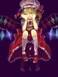 Rule 34 | 1girl, bad id, bad pixiv id, closed eyes, crying, crystal, dress, embodiment of scarlet devil, female focus, flandre scarlet, hands on own face, kneehighs, newo (shinra-p), red dress, sad, sitting, socks, solo, tears, tegaki, touhou, wings