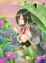 Rule 34 | 10s, 1girl, absurdres, asui tsuyu, black hair, black socks, boku no hero academia, boots, closed eyes, day, fence, flower, frog, highres, htdr hatidori, hydrangea, kneehighs, long hair, low-tied long hair, necktie, outdoors, puddle, red necktie, rubber boots, school uniform, smile, snail, socks, solo, sparkle, squatting, twitter username, umbrella, very long hair, watermark
