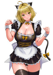 Rule 34 | 1girl, absurdres, ahoge, alternate costume, animal ears, anis (nikke), apron, black dress, black thighhighs, blonde hair, blush, bow, bowtie, breasts, cat ears, cat tail, cleavage, closed mouth, commentary, cowboy shot, cross-laced clothes, cross-laced dress, detached collar, dress, enmaided, fake animal ears, fake tail, frilled dress, frills, gluteal fold, goddess of victory: nikke, hair intakes, hair ornament, head tilt, highres, large bow, large breasts, looking at viewer, maid, maid apron, maid headdress, nail polish, paw pose, pink nails, ramuneogura, short dress, short hair, short sleeves, simple background, smile, solo, standing, tail, tail bow, tail ornament, thigh gap, thighhighs, white background, white bow, wing collar, wrist cuffs, yellow bow, yellow bowtie, yellow eyes