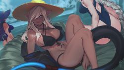 Rule 34 | 3girls, ;), artist name, ass, bare legs, bare shoulders, barefoot, bikini, black bikini, black sclera, blonde hair, braid, breasts, collarbone, colored sclera, commentary, dark-skinned female, dark skin, english commentary, facing away, front-tie bikini top, front-tie top, hat, head out of frame, highres, large breasts, less, lips, long hair, looking at viewer, mole, mole on breast, multiple girls, one-piece swimsuit, one eye closed, original, pointy ears, purple hair, purple one-piece swimsuit, rabbit tail, reclining, side-tie bikini bottom, silver hair, sitting, smile, straw hat, sun hat, swimsuit, tail, very long hair, very long sleeves, water
