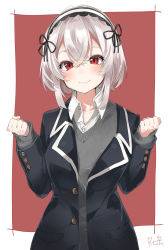 Rule 34 | 1girl, azur lane, bad id, bad pixiv id, blush, button, clenched hands, closed mouth, collarbone, collared shirt, commentary request, crossed bangs, grey sweater, hair between eyes, hair ribbon, hairband, hands up, head tilt, highres, jacket, lace-trimmed hairband, lace trim, long sleeves, looking at viewer, messy clothes, nose blush, partially unbuttoned, red background, red eyes, ribbon, shirt, short hair, sidelocks, signature, sirius (azur lane), slit pupils, smile, solo, standing, sweater, white hair, white shirt, xretakex