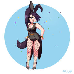 Rule 34 | 1girl, animal ears, artist name, bangle, bare arms, bare shoulders, black footwear, black hairband, black leotard, bracelet, breasts, choker, circle, cleavage, coattails, collarbone, confetti, curvy, dragon quest, dragon quest xi, fake animal ears, fang, fishnet pantyhose, fishnets, full body, gold trim, hairband, heart, heart choker, high ponytail, highres, jellyjigs, jewelry, large breasts, legs, leotard, long hair, looking at viewer, martina (dq11), open mouth, pantyhose, pink choker, playboy bunny, purple eyes, purple hair, rabbit ears, rabbit girl, smile, solo, standing, thick thighs, thighs, unaligned ears, very long hair