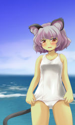 Rule 34 | 1girl, animal ears, bad id, bad pixiv id, blue sky, blush, day, female focus, grey hair, mouse ears, mouse tail, nazrin, nise nanatsura, one-piece swimsuit, open mouth, red eyes, school swimsuit, short hair, sky, solo, swimsuit, tail, tan, touhou, water, white one-piece swimsuit