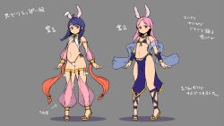 Rule 34 | 2girls, animal ears, artist request, bikini, bikini top only, braid, chain, choker, elin, flat chest, full body, grey background, harem outfit, high heel sandals, high heels, highres, legs, long hair, multiple girls, navel, outstretched arms, pelvic curtain, pink hair, purple bikini, purple hair, rabbit ears, red eyes, sandals, simple background, sketch, swimsuit, tera online, thighs, toes, translation request, twin braids, twintails, white bikini