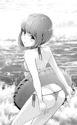 Rule 34 | 1girl, ass, back, bikini, bob cut, butt crack, commentary request, from behind, grey eyes, greyscale, highres, innertube, looking at viewer, looking back, monochrome, oikawa tooru, original, short hair, solo, striped bikini, striped clothes, swim ring, swimsuit, water