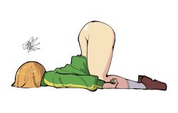 Rule 34 | 1girl, ass, bottomless, dizzy, from side, orange hair, persona, persona 4, plow (witch parfait), satonaka chie, socks, thighs, top-down bottom-up, white background