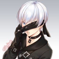Rule 34 | 1boy, ahngkeut, black choker, black gloves, blindfold, blindfold slip, buckle, buttons, choker, collarbone, double-breasted, gloves, gradient background, grey background, long sleeves, looking at viewer, male focus, nier:automata, nier (series), one eye covered, parted lips, solo, twitter username, upper body, 9s (nier:automata)