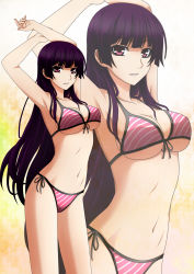 Rule 34 | 1girl, arched back, armpits, arms up, bikini, blunt bangs, breasts, cleavage, front-tie top, highres, kanoe yuuko, kenken, large breasts, legs, long hair, looking at viewer, navel, parted lips, pink eyes, purple eyes, purple hair, recurring image, side-tie bikini bottom, skindentation, solo, standing, striped bikini, striped clothes, swimsuit, tasogare otome x amnesia, underboob, very long hair, zoom layer