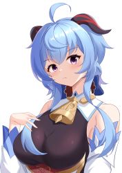 Rule 34 | 1girl, absurdres, ahoge, bare shoulders, bell, blue hair, blush, bow, breasts, detached sleeves, ganyu (genshin impact), genshin impact, hand on own chest, highres, horns, large breasts, light smile, long hair, looking at viewer, marin (pixiv 24323096), neck bell, no gloves, purple eyes, sidelocks, solo, upper body, white background, white sleeves