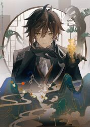 Rule 34 | 1boy, bird, black gloves, black jacket, brown hair, d-aprken, genshin impact, gloves, hand on own chin, head rest, highres, holding, holding chess piece, jacket, looking at viewer, mountain, solo, yellow eyes, zhongli (genshin impact)
