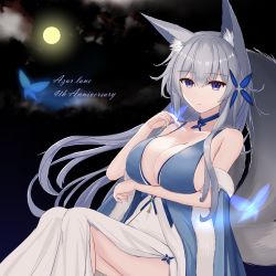 Rule 34 | 1girl, animal ear fluff, animal ears, azur lane, blue butterfly, blue collar, blue dress, breasts, bug, butterfly, center opening, cocktail dress, collar, dress, evening gown, feather boa, fox ears, full moon, halter dress, halterneck, highres, huge breasts, insect, kitsune, kyuubi, large tail, long hair, looking at viewer, moon, multiple tails, official alternate costume, purple eyes, shinano (azur lane), shinano (dreams of the hazy moon) (azur lane), sleeveless, sleeveless dress, solo, tail, wa tsu to, white tail, wrist flower