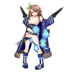 Rule 34 | 1girl, bare shoulders, bestiality, black tube top, bottomless, breasts, brown hair, choujigen game neptune the animation, clothes pull, coat, dogoo, full body, green eyes, holding, holding sword, holding weapon, if (neptunia), long hair, navel, neptune (series), nipples, no panties, off shoulder, open clothes, open coat, pussy, santystuff, small breasts, solo, strapless, sword, transparent background, tube top, tube top pull, uncensored, vaginal, weapon