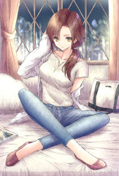 Rule 34 | 1girl, aramachi, bag, bed sheet, blurry, blurry background, breasts, brown eyes, brown hair, collarbone, curtains, denim, hair over shoulder, hand in own hair, hand on own head, handbag, high heels, highres, idolmaster, idolmaster cinderella girls, jacket, jeans, jewelry, kawashima mizuki, large breasts, long hair, long sleeves, looking at viewer, magazine (object), necklace, on bed, open clothes, open jacket, pants, pillow, ponytail, purple footwear, shirt, short sleeves, sitting, solo, v-neck, white jacket, white shirt, window
