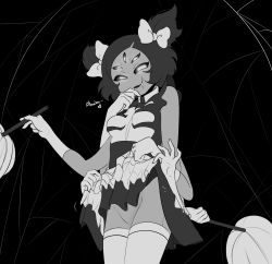 Rule 34 | 1girl, arthropod girl, bare shoulders, black background, bow, breasts, cleaning brush, clothes lift, commentary, cowboy shot, dress, dress lift, extra arms, extra eyes, fangs, from below, gloves, greyscale, haaru, hair bow, heart, highres, insect girl, maid, monochrome, muffet, no panties, open mouth, short hair, silk, simple background, small breasts, solo, spider girl, spider web, symbol-only commentary, thighhighs, two side up, undertale