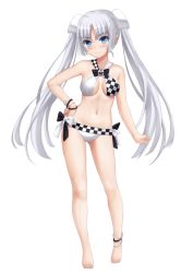 Rule 34 | 1girl, anklet, bikini, black bow, black bowtie, blue bow, blue bowtie, blue eyes, bow, bowtie, commentary, contrapposto, english commentary, full body, grey hair, hair ornament, jewelry, long hair, looking at viewer, miss monochrome, miss monochrome (character), parted bangs, simple background, smile, solo, standing, swimsuit, tonee, twintails, very long hair, white background, white bikini, wristband