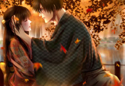 Rule 34 | 1boy, 1girl, autumn, autumn leaves, black hair, blurry, blurry background, blush, braid, brown hair, dating, closed eyes, glasses, hair ornament, hand in another&#039;s hair, hetero, highres, izumi (stardustalone), japanese clothes, kimono, leaf, leaf print, long hair, looking at another, maple leaf, original, outdoors, parted lips, pond, profile, renri no chigiri wo kimi to shiru, wide sleeves