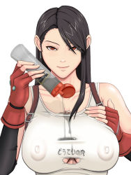 Rule 34 | 1990s (style), 1girl, black hair, body writing, bottle, breasts, cleavage cutout, clothing cutout, covered erect nipples, earrings, elbow gloves, female focus, final fantasy, final fantasy vii, fingerless gloves, gloves, jewelry, large breasts, long hair, no bra, red eyes, retro artstyle, see-through, shirt, solo, square enix, suspenders, tank top, taut clothes, taut shirt, tifa lockhart, tonykurabu, wet, wet clothes, wet shirt, white background