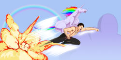 Rule 34 | 1boy, 4chan, crossover, drawfag, epic, explosion, fabulous, facial hair, freddie mercury, highres, male focus, manly, mustache, parody, queen (band), rainbow, riding, robot, robot unicorn attack, role reversal, sakigake!! cromartie koukou, topless male, suspenders, unicorn