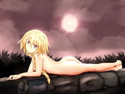 Rule 34 | 1girl, ass, back, barefoot, blonde hair, braid, eyebrows, fate/apocrypha, fate/grand order, fate (series), hair between eyes, highres, jeanne d&#039;arc (fate), jeanne d&#039;arc (ruler) (fate), looking at viewer, lying, nude, on stomach, ruler (fate/grand order), single braid, sky, smile, solo, yin man tong xing