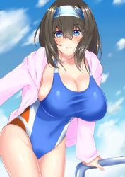 Rule 34 | 1girl, black hair, blue eyes, blue one-piece swimsuit, blue sky, blush, breasts, cleavage, cloud, cloudy sky, competition swimsuit, covered navel, cowboy shot, curvy, day, hair between eyes, hairband, highres, hood, hoodie, idolmaster, idolmaster cinderella girls, large breasts, leaning forward, long hair, looking at viewer, one-piece swimsuit, open clothes, open hoodie, outdoors, pool ladder, sagisawa fumika, sankakusui, sky, smile, solo, swimsuit, tareme, teeth, thighs