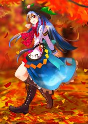 Rule 34 | 1girl, absurdres, arms behind back, autumn, autumn leaves, blue hair, boots, cross-laced footwear, full body, hat, heavy breathing, highres, hinanawi tenshi, interlocked fingers, layered sleeves, long hair, long sleeves, looking at viewer, nama shirasu, open mouth, puffy short sleeves, puffy sleeves, red eyes, scarf, shirt, short over long sleeves, short sleeves, skirt, solo, touhou, very long hair, walking