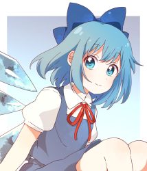 Rule 34 | 1girl, absurdres, blue background, blue bow, blue dress, blue eyes, blue hair, border, bow, cirno, closed mouth, collared shirt, dress, gradient background, hair bow, highres, ice, ice wings, looking at viewer, neck ribbon, outside border, pinafore dress, red ribbon, ribbon, sasaki sakiko, shirt, short sleeves, sleeveless dress, smile, solo, touhou, white border, white shirt, wings