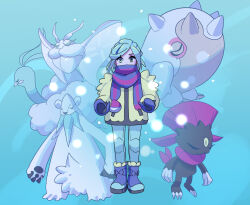 Rule 34 | 1boy, altaria, beartic, blue eyes, blue hair, blue mittens, cetitan, closed eyes, creatures (company), frosmoth, game freak, gen 3 pokemon, gen 4 pokemon, gen 5 pokemon, gen 8 pokemon, grusha (pokemon), highres, jacket, long hair, long sleeves, looking at viewer, male focus, mittens, nintendo, pants, pokemon, pokemon (creature), pokemon sv, scarf, scarf over mouth, shi (soudana sigurd), striped clothes, striped scarf, two-tone scarf, weavile, yellow jacket