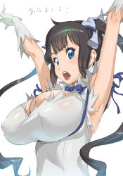 Rule 34 | 1girl, arms up, black hair, blue eyes, blue ribbon, breasts, cleavage cutout, clothing cutout, commentary request, dress, dungeon ni deai wo motomeru no wa machigatteiru darou ka, covered erect nipples, gloves, hestia (danmachi), highres, huge breasts, kotoyoshi yumisuke, large breasts, long hair, looking at viewer, open mouth, rei no himo, ribbon, simple background, solo, translation request, twintails, upper body, white background, white dress, white gloves