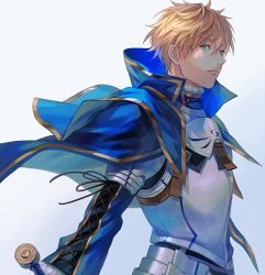 Rule 34 | 1boy, am88121, armor, arthur pendragon (fate), blonde hair, blue cape, breastplate, cape, closed mouth, commentary, fate/prototype, fate (series), faulds, floating cape, green eyes, grey background, hair between eyes, highres, light smile, long sleeves, looking at viewer, male focus, pauldrons, short hair, shoulder armor, simple background, solo, upper body