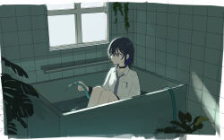 Rule 34 | 1girl, :|, arm at side, bathroom, bathtub, black choker, black hair, blue hair, breast pocket, choker, closed mouth, collared shirt, dot nose, expressionless, feet out of frame, grey necktie, hair between eyes, hand up, highres, holding, holding hose, hose, ichinose uruha, indoors, knees to chest, looking ahead, lupinus virtual games, medium hair, multicolored hair, necktie, oisiimizu, pink eyes, plant, pocket, shirt, sidelocks, sitting, solo, streaked hair, tile wall, tiles, virtual youtuber, vspo!, water, white shirt, window