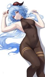 Rule 34 | 1girl, ahoge, armpits, arms up, bare shoulders, black pantyhose, blue hair, breasts, brown leotard, brown pantyhose, commentary, covered navel, ganyu (genshin impact), genshin impact, goat horns, hair between eyes, hands up, highleg, highleg leotard, highres, holding, holding own hair, horns, leotard, leviathan (hikinito0902), long hair, looking at viewer, low ponytail, medium breasts, multicolored eyes, no bra, pantyhose, parted lips, purple eyes, sideboob, simple background, smile, solo, symbol-only commentary, very long hair, white background, yellow eyes