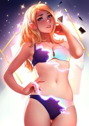 Rule 34 | 1girl, alternate costume, bikini, blonde hair, blue eyes, breasts, cleavage, cowboy shot, groin, hairband, hand in own hair, hand on own hip, highres, league of legends, lightning, long hair, lux (league of legends), medium breasts, multicolored background, navel, parted lips, purple bikini, smile, solo, sparkle, stomach, swimsuit, teeth, tsuaii, white bikini, white hairband