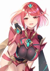 Rule 34 | absurdres, black gloves, bob cut, breasts, chest jewel, earrings, fingerless gloves, gem, gloves, headpiece, highres, jewelry, large breasts, pyra (xenoblade), red eyes, red hair, red shorts, short hair, short shorts, shorts, swept bangs, thighhighs, tiara, xenoblade chronicles (series), xenoblade chronicles 2, yasaikakiage