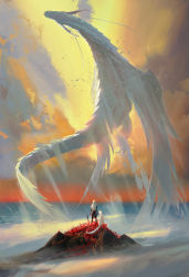 Rule 34 | 1girl, animal, bird, cloud, cloudy sky, commentary, creature, dragon, english commentary, fantasy, feathered dragon, feathered wings, feathers, flying, highres, looking at animal, original, planted, planted sword, planted weapon, ross tran, scenery, sky, sword, weapon, western dragon, white hair, wings