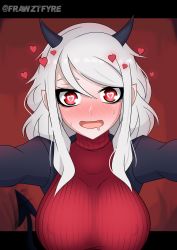 Rule 34 | 1girl, artist name, black horns, black suit, blush, breasts, commentary, demon girl, demon horns, demon tail, frawztfyre, heart, heart-shaped pupils, helltaker, highres, horns, large breasts, long sleeves, looking at viewer, modeus (helltaker), red eyes, red sweater, short hair, sleeves past wrists, solo, suit, sweater, symbol-shaped pupils, tail, turtleneck, white hair