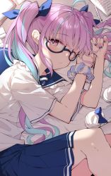 Rule 34 | 1girl, ahoge, bespectacled, blue bow, blue hair, blue nails, blue sailor collar, blue skirt, blush, bow, colored inner hair, commentary, darjeeling (reley), english commentary, eraser, footwear bow, glasses, hair ribbon, highres, hololive, looking at viewer, lying, minato aqua, multicolored hair, nail polish, notebook, on side, pen, pink eyes, pink hair, pleated skirt, ribbon, sailor collar, scrunchie, semi-rimless eyewear, shirt, shoes, unworn shoes, short sleeves, skirt, solo, twintails, two-tone hair, virtual youtuber, white footwear, white shirt, wrist scrunchie