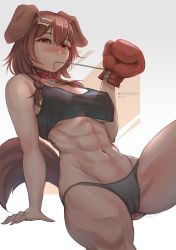 Rule 34 | 1girl, abs, absurdres, animal ears, artist name, black panties, blush, boxing gloves, braid, breasts, brown eyes, brown hair, cameltoe, collar, dog, dog ears, dog girl, dog tail, female focus, gloves, hair ornament, highres, hololive, hololive gamers, inugami korone, looking at viewer, midriff, muscular, muscular female, myth1carts, navel, panties, simple background, sitting, solo, tail, thighs, twitter logo, underboob, underwear, virtual youtuber, white background